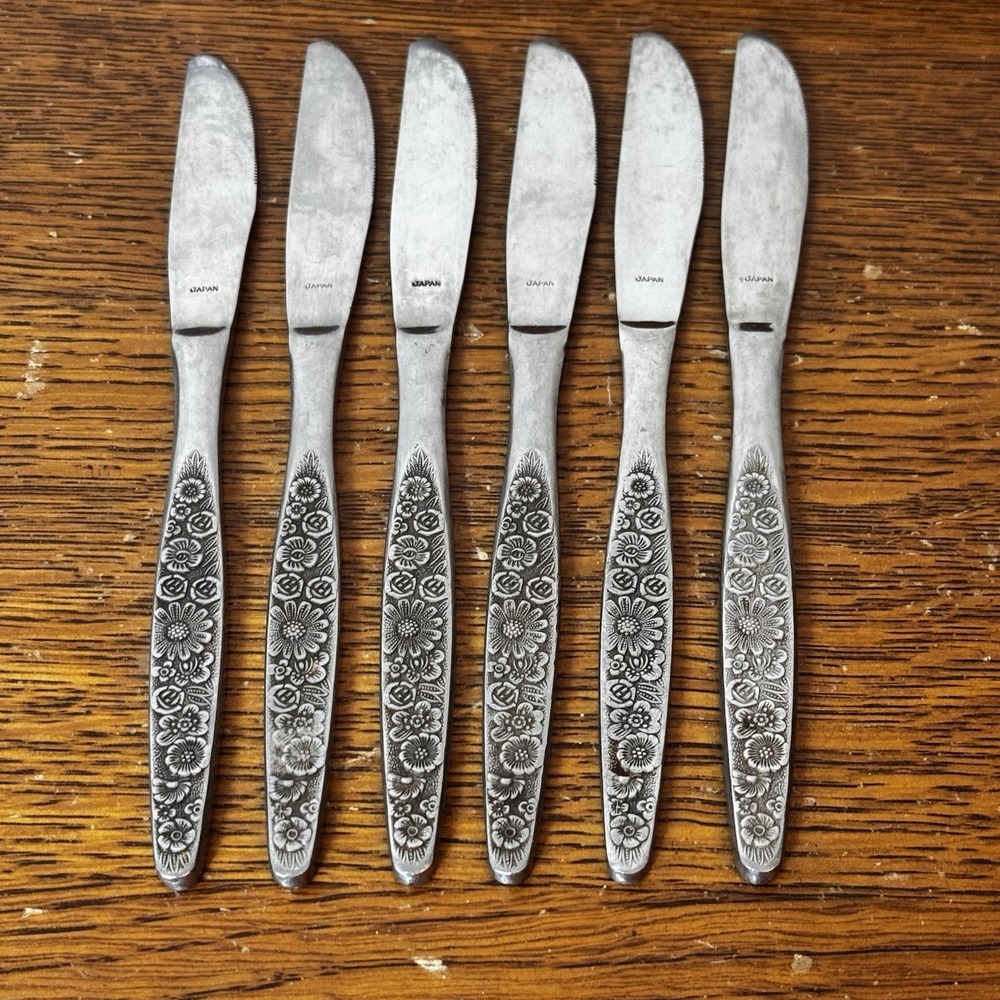 Interpur Japan Floral Stainless Steel Dinner Knives Set 6 Vintage Flatware